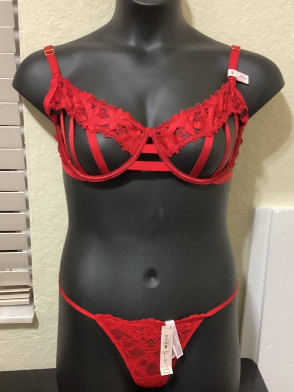 Victoria's Secret Red Lace Strappy Underwire Bra & Lace Thong Set